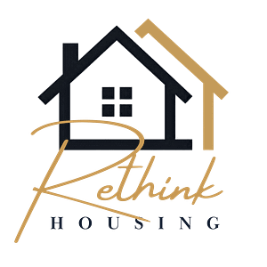 Graphic of two house outlines, one in black the other gold. Underneath the words Rethink Housing