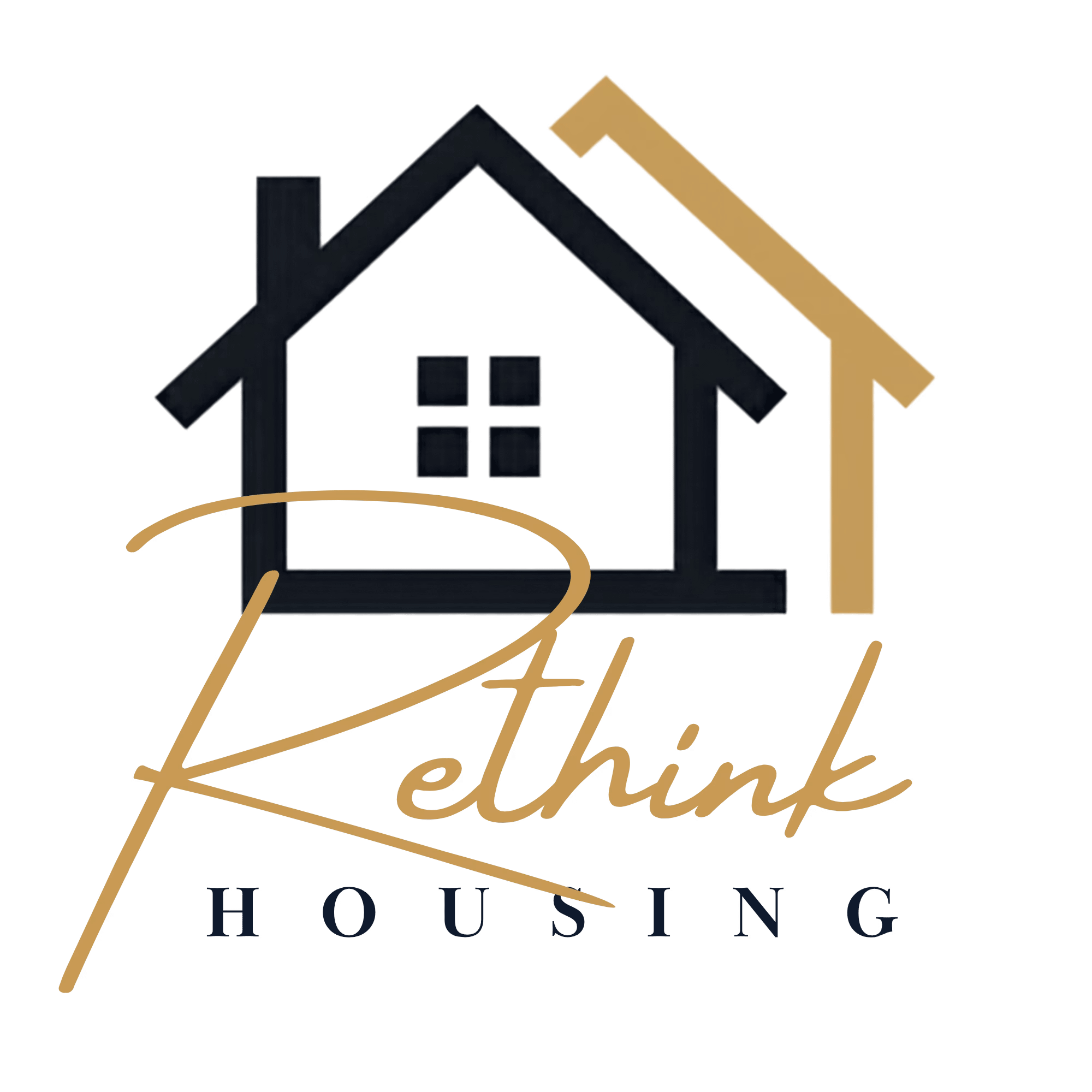 Graphic of two house outlines, one in black the other gold. Underneath the words Rethink Housing