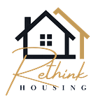 Graphic of two house outlines, one in black the other gold. Underneath the words Rethink Housing
